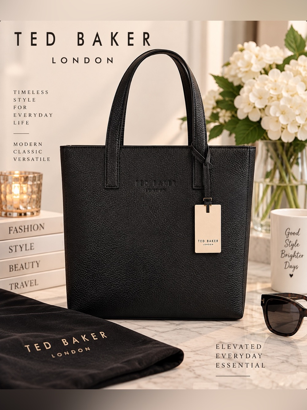 NWT Ted Baker London The Icon Black Small Tote Bag Embossed Logo